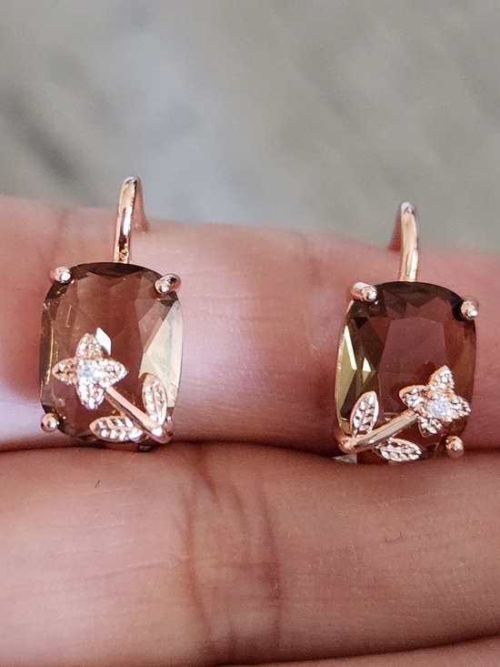 Jewelry - New 14K Gold Plated Emerald Cut Smoky Quartz Diamond Flower Hoop Earrings